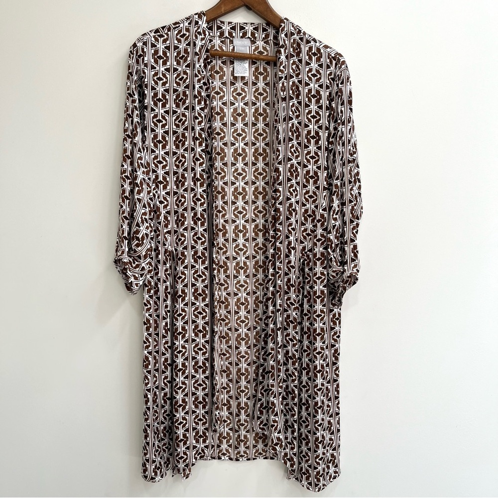 Chicos Tie-Front Drama Kimono duster satin lightweight fabric brown white S/M - Picture 4 of 10